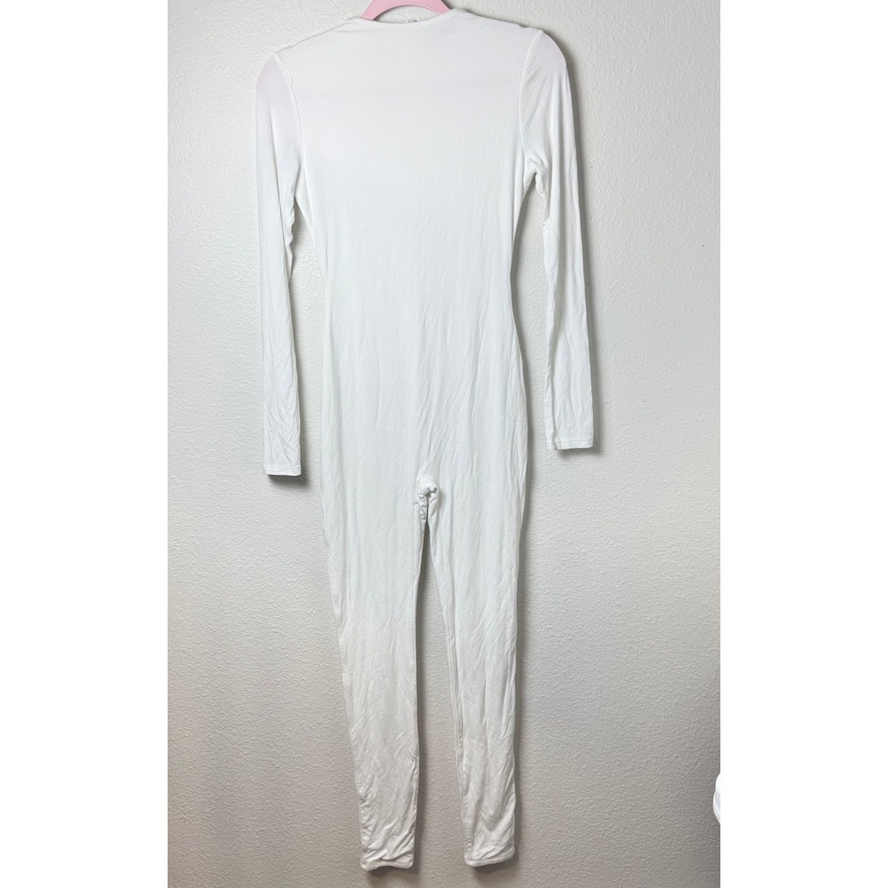 Naked Wardrobe White Long Sleeve Bodycon Jumpsuit Unitard Mock Neck Size L